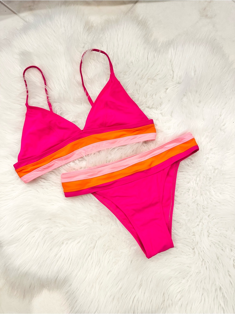 Hot Pink Triangle Bikini Set with Orange & Light Pink Stripes